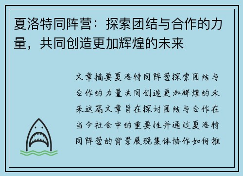 夏洛特同阵营：探索团结与合作的力量，共同创造更加辉煌的未来
