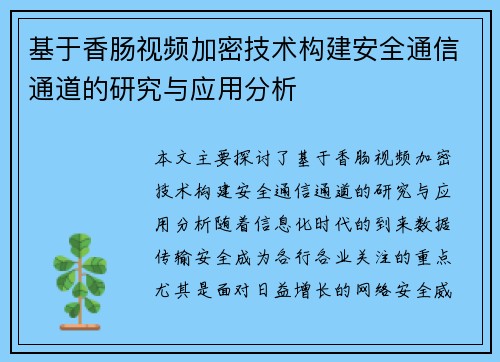 基于香肠视频加密技术构建安全通信通道的研究与应用分析