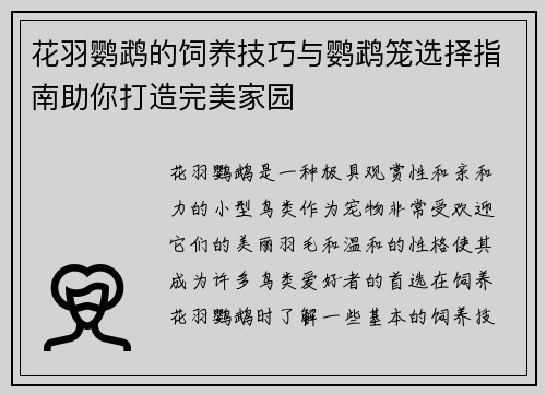 花羽鹦鹉的饲养技巧与鹦鹉笼选择指南助你打造完美家园 花羽鹦鹉的饲养技巧与鹦鹉笼选择指南助你打造完美家园